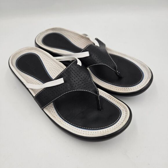 Indigo by Clarks Women's 8M Black White Perforated Leather Thong Sandals Slip On - Picture 1 of 10